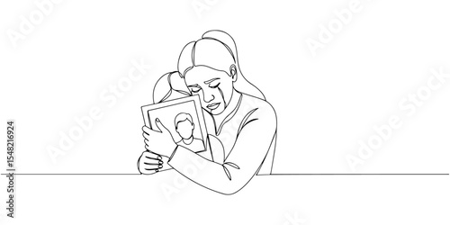 Continuous line drawing of a mother's face crying while hugging a photo, representing the loss of a family member due to war, line art style vector illustration.