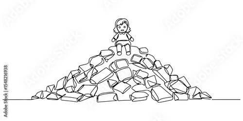 Continuous line drawing of a pile of rubble with a child's doll on top, representing the destruction and pain of childhood lost due to war, line art style vector illustration.