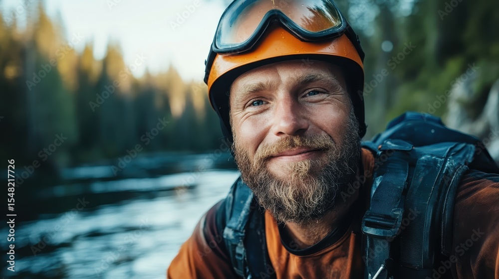 A cheerful man with a beard and orange helmet smiles by the river, surrounded by lush trees, showcasing a spirit of adventure and a passion for outdoor activities. A cheerful man with a beard and orange helmet smiles by the river, surrounded by lush trees, showcasing a spirit of adventure and a passion for outdoor activities.