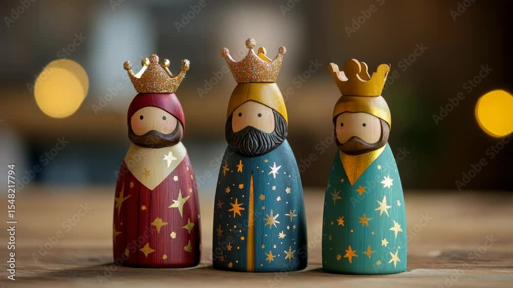 The figures of the Three Kings, representing the Magi, against the backdrop of festive decor, symbolize the traditional holiday of the Three Kings, Epiphany, and Three Kings Day. Dia de los Reyes