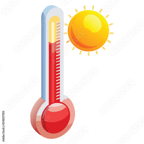 Hot weather concept with thermometer and sun indicating high temperature summer heatwave climate change
