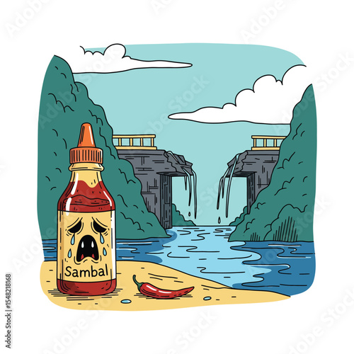 Crying Sambal Bottle with Chili Pepper on Beach Scene.