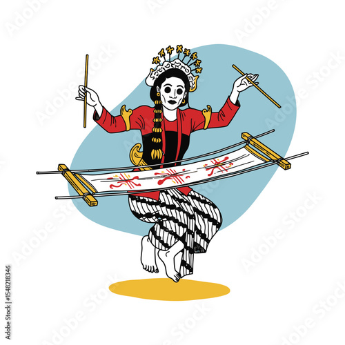 Indonesian Dancer in Traditional Costume Performing with Weaving Loom Vector Illustration.