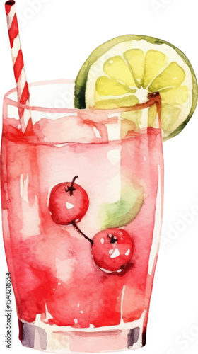 Vector watercolor painted cocktail. Hand drawn design elements isolated on white background.