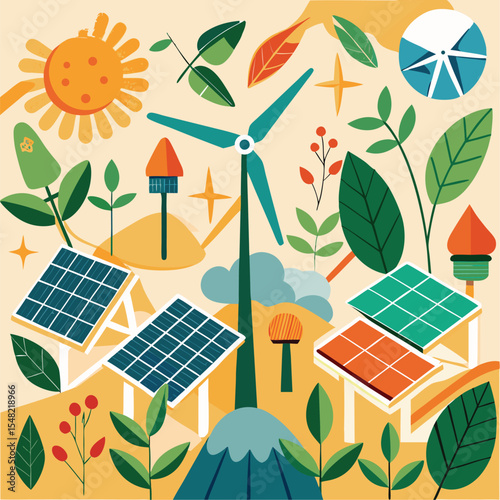 Solar panels and wind turbines generating clean renewable energy for a green eco friendly environment