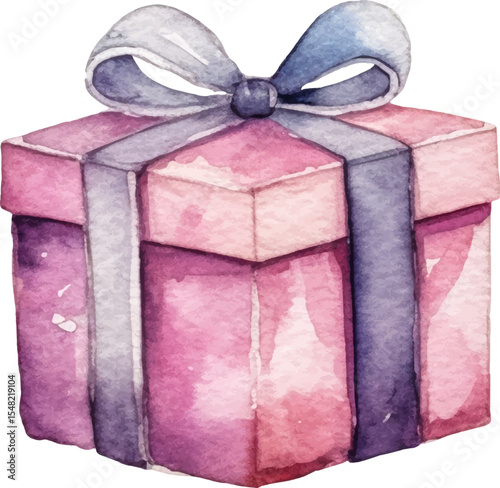 Vector watercolor painted gift box. Hand drawn holiday design element isolated on white background.