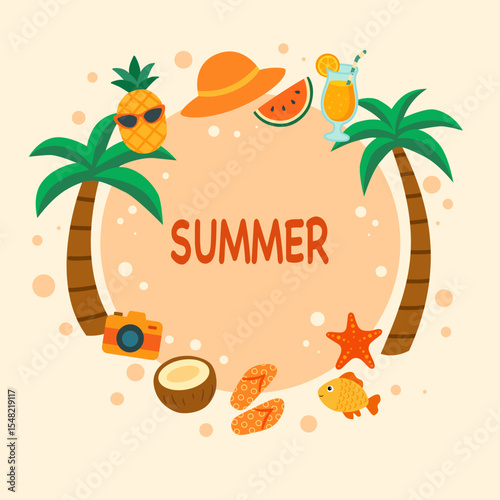 Flat Summer Elements Composition with Tropical Vacation Icons