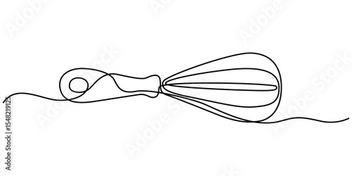 Continuous one line drawing whisk. Stock vector illustration, Whisk Kitchen Icon In Line Style, Recipe continuous line drawing with color shapes,  Single one line drawing Manual Mixer, Cooking. 