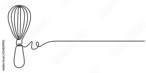 Continuous one line drawing whisk. Stock vector illustration, Whisk Kitchen Icon In Line Style, Recipe continuous line drawing with color shapes,  Single one line drawing Manual Mixer, Cooking. 