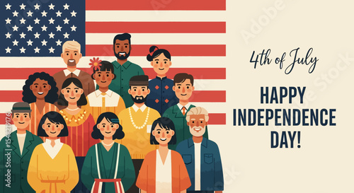 Adobe illustrator artwork vector illustration: A diverse group of smiling people stands before the American flag with text "4th of July Happy Independence Day!"