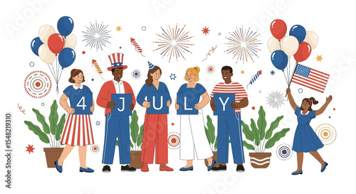 Adobe illustrator artwork vector illustration: Diverse people cheerfully celebrate 4th of July, holding "4 JULY" signs amidst fireworks, balloons, and patriotic decorations