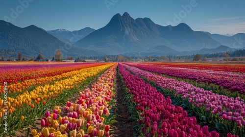 Colorful rows of tulips stretch across the landscape, creating a stunning display of orange, yellow, pink, and purple blossoms. Majestic mountains rise in the background under a clear blue sky.
