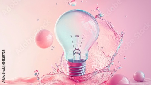 Lightbulb splashing into water on pink background with concept of idea innovation and impact