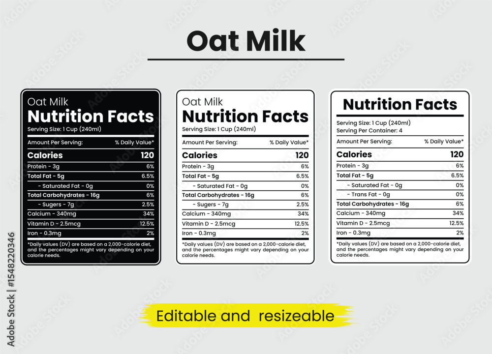 Obraz premium oat milk nutrition facts, oat milk nutrition information, nutritional value of oat milk, nutrition facts, nutrition facts label, supplement facts, supplement label vector