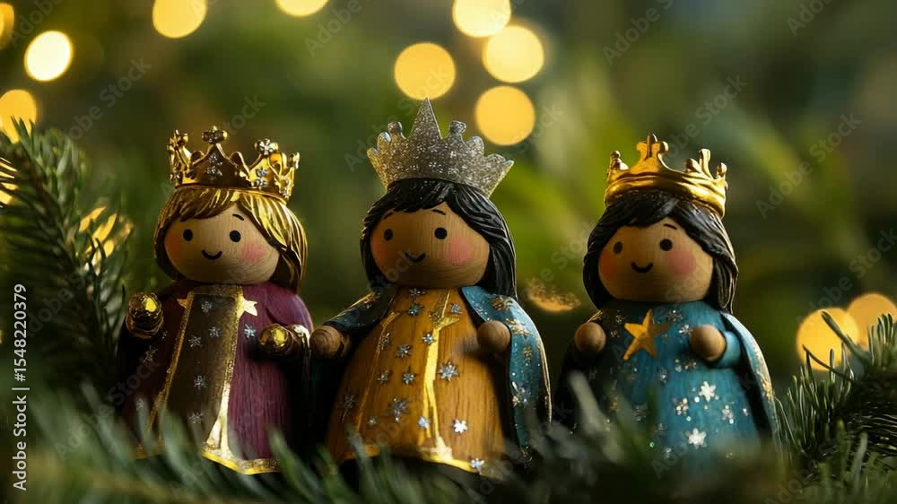 The figures of the Three Kings, representing the Magi, against the backdrop of festive decor, symbolize the traditional holiday of the Three Kings, Epiphany, and Three Kings Day. Dia de los Reyes