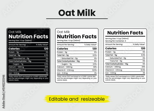 oat milk nutrition facts, oat milk nutrition information, nutritional value of oat milk, nutrition facts, nutrition facts label, supplement facts, supplement label vector