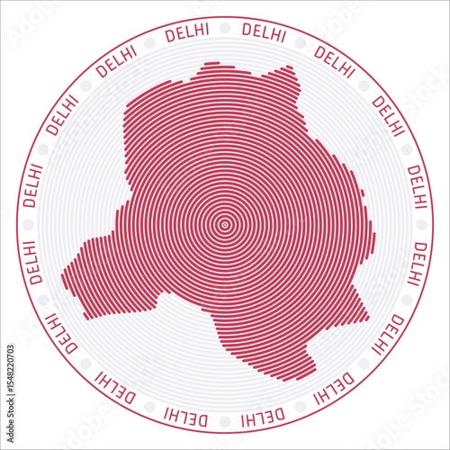 Delhi round logo design. State shape build of rings. Delhi text around the state. Vector Illustration.