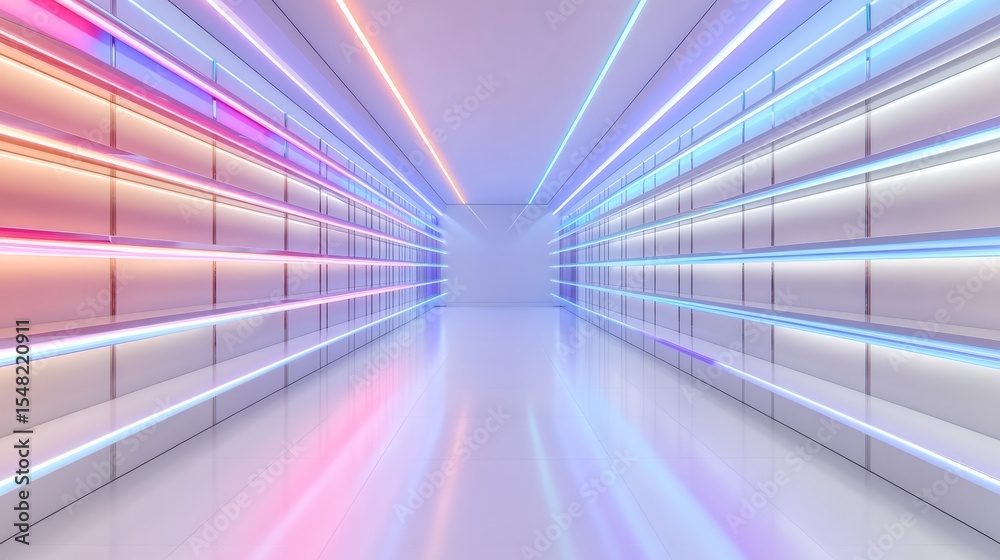 Obraz premium Futuristic neon-lit hallway with symmetrical colorful lights and reflective surfaces