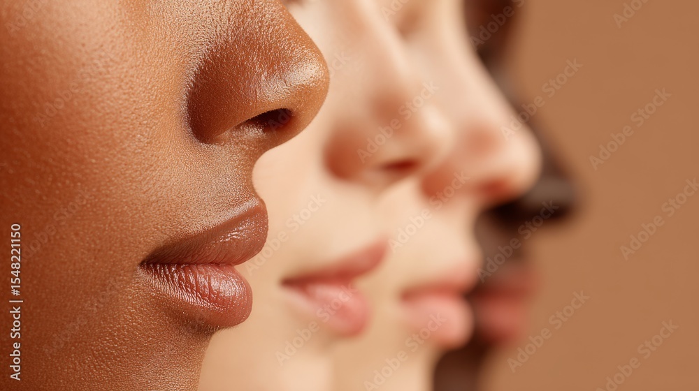 Obraz premium Close-up of diverse women’s profiles highlighting skin tone variety
