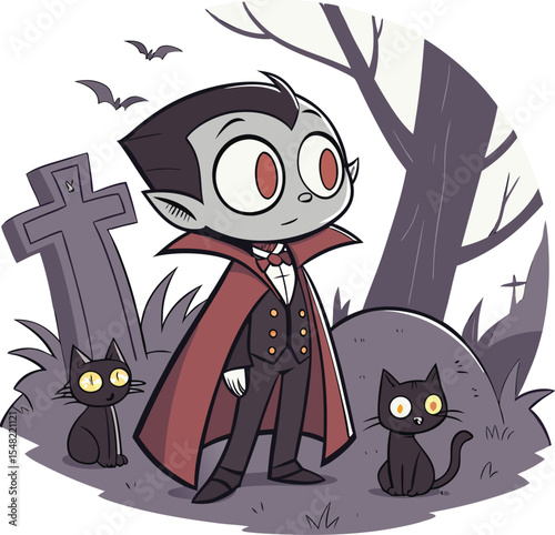 cute vampire boy in graveyard with black cats bat
