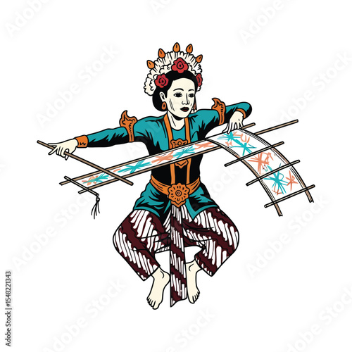 Javanese Woman in Traditional Attire Weaving Intricate Textile.