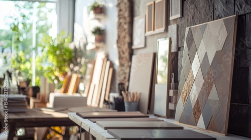 Art studio with canvases brushes and sunlight coming through window showing creative workspace interior mood