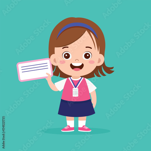 Cute little kid holding name tag and feel happy illustration