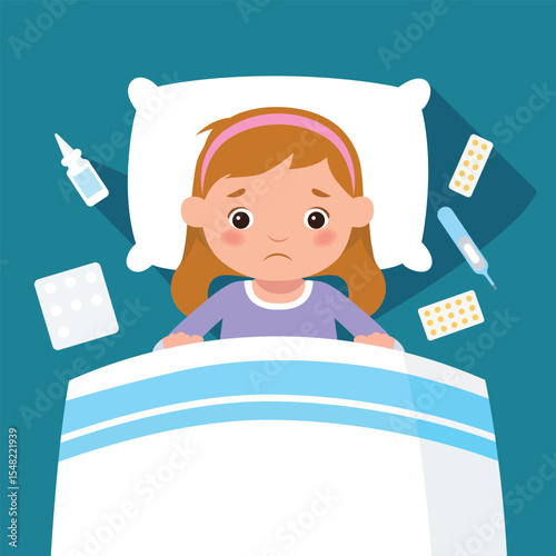 Sad cute ill kid girl lay in bed sick flat vector illustration