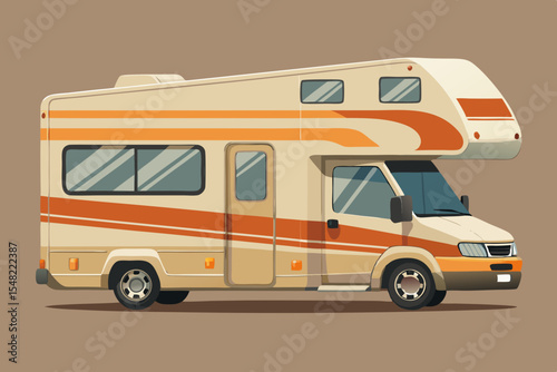 Retro style camper van illustration in beige and orange colors