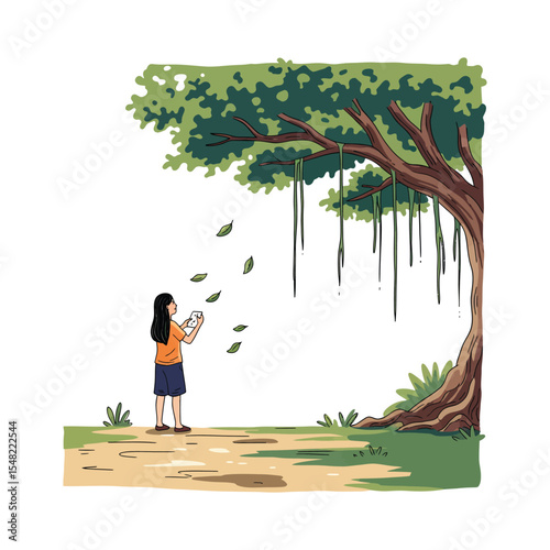 Girl with Long Black Hair Observing Falling Leaves Near a Large Tree.