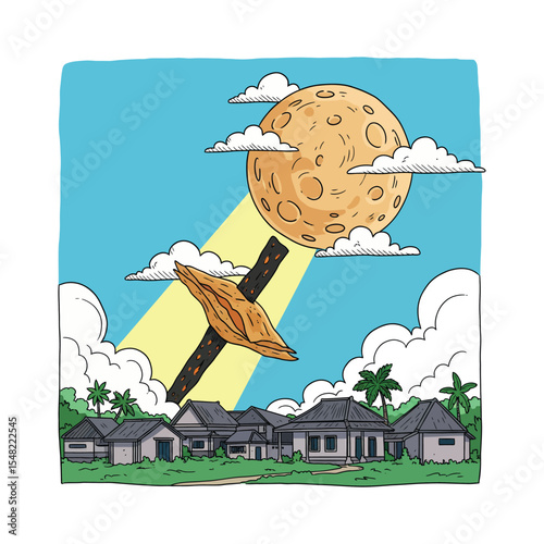 Large Dried Fish Impaled on Stick Underneath a Full Moon.