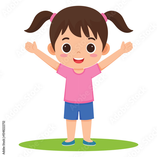 Happy cute little kid doing exercise Flat vector.
