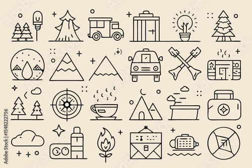 Simple Line Art Illustrations of Outdoor Activities and Travel Items