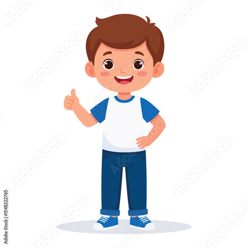 Little cute boy show agreement with thumb up hand gesture vector.