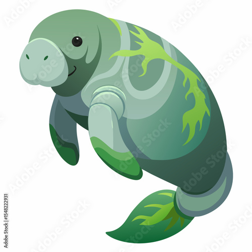 Cute Cartoon Manatee with Seaweed Pattern