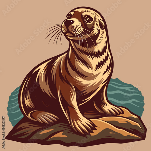 Vintage Style Illustration of a Sea Lion on a Rock