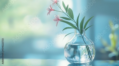Small glass vase with single flower in daylight near window on calm minimalist table interior background