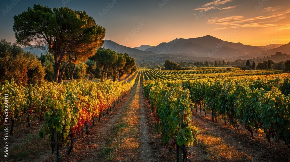 Naklejka premium Golden sunlight bathes vibrant grapevines in a picturesque vineyard, highlighting the serene landscape as distant mountains silhouette against the evening sky.