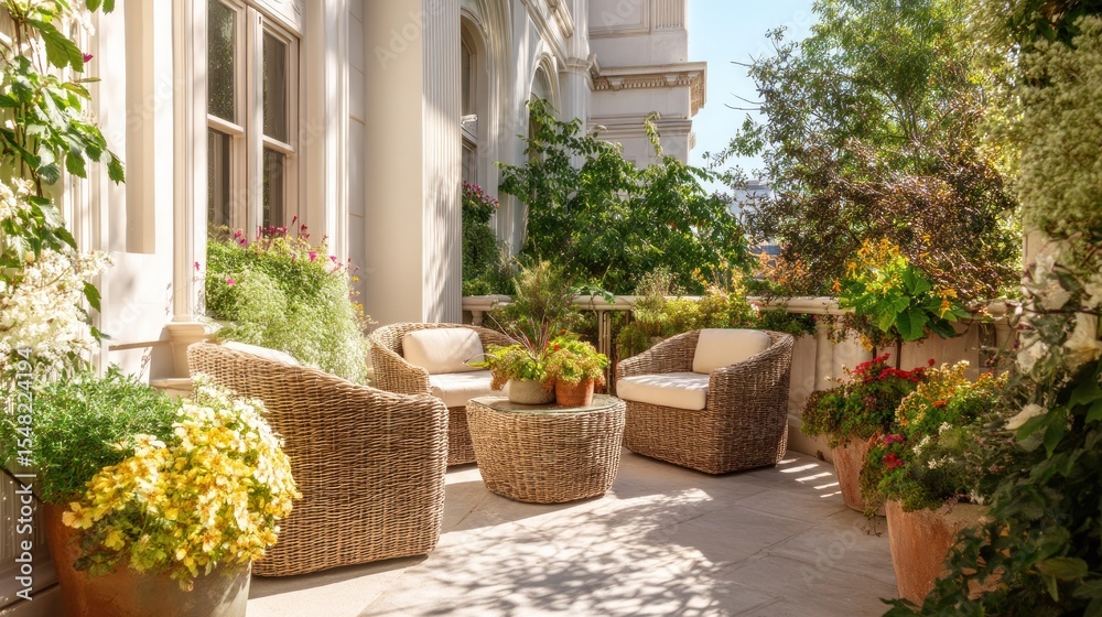 Naklejka premium Serene Balcony Garden With Cozy Seating For Zoom Background