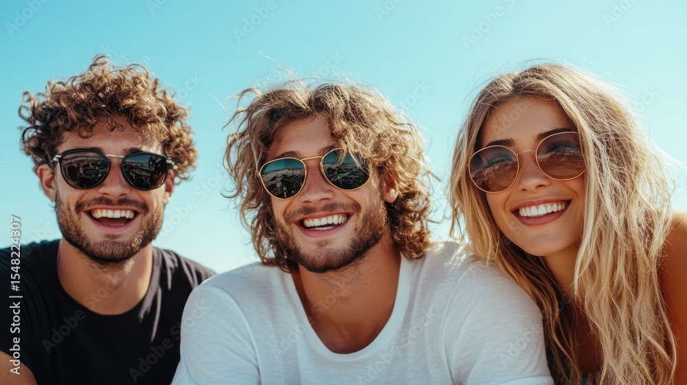 A vibrant image of three friends smiling together under clear blue skies, radiating joy and warmth while wearing stylish sunglasses during a fun-filled outdoor day. A vibrant image of three friends smiling together under clear blue skies, radiating joy and warmth while wearing stylish sunglasses during a fun-filled outdoor day.