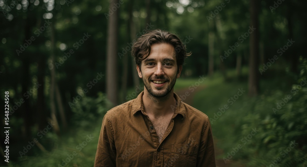 Smiling man with brown hair and shirt, standing in a lush green forest. Smiling man with brown hair and shirt, standing in a lush green forest.