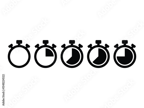 Five Black Stopwatches Showing Time Progression timer