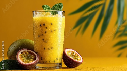 A tall glass filled with icy mango passion fruit smoothie sits on a bright yellow surface, accompanied by halved passion fruits and fresh mint leaves, creating a tropical vibe.