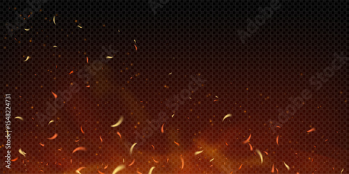Realistic fiery background with sparks, embers and smoke rising from burning wood. Hot flames glow in orange and red. Danger, apocalypse or industrial explosion theme bg. Vector illustration