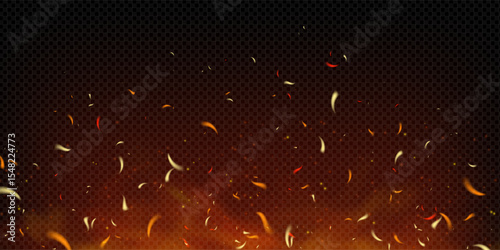 Realistic burning background with flames, sparks and embers flying in smoke. Hot glow in red, orange and black evokes fireplace, bonfire or apocalypse scenes. Heat or firepower themes bg.