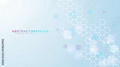 Modern scientific background with hexagons, lines and dots. Wave flow abstract background. Molecular structure for medical, technology, chemistry, science. Vector illustration
