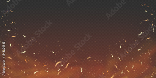 Fiery background with flying sparks and glowing embers. Dark smoky atmosphere with burning wood and glowing particles. Dramatic powerful apocalyptic vector design. Realistic and intense.