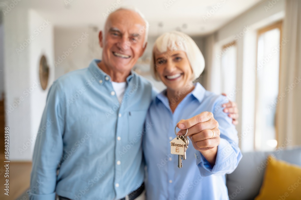 Fototapeta premium Happy elderly couple showing house keys in new home.