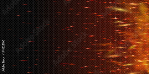 Realistic fiery background with glowing flames, embers and flying sparks. Dark burnt texture with smoke, ash and metal elements. Dramatic posters or hot themed vector illustrations background.