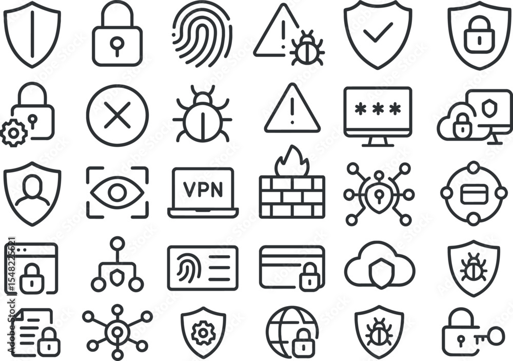 Fototapeta premium 30 Cybersecurity Line Icons – Minimalist Black Vector Set for Tech and Data Protection